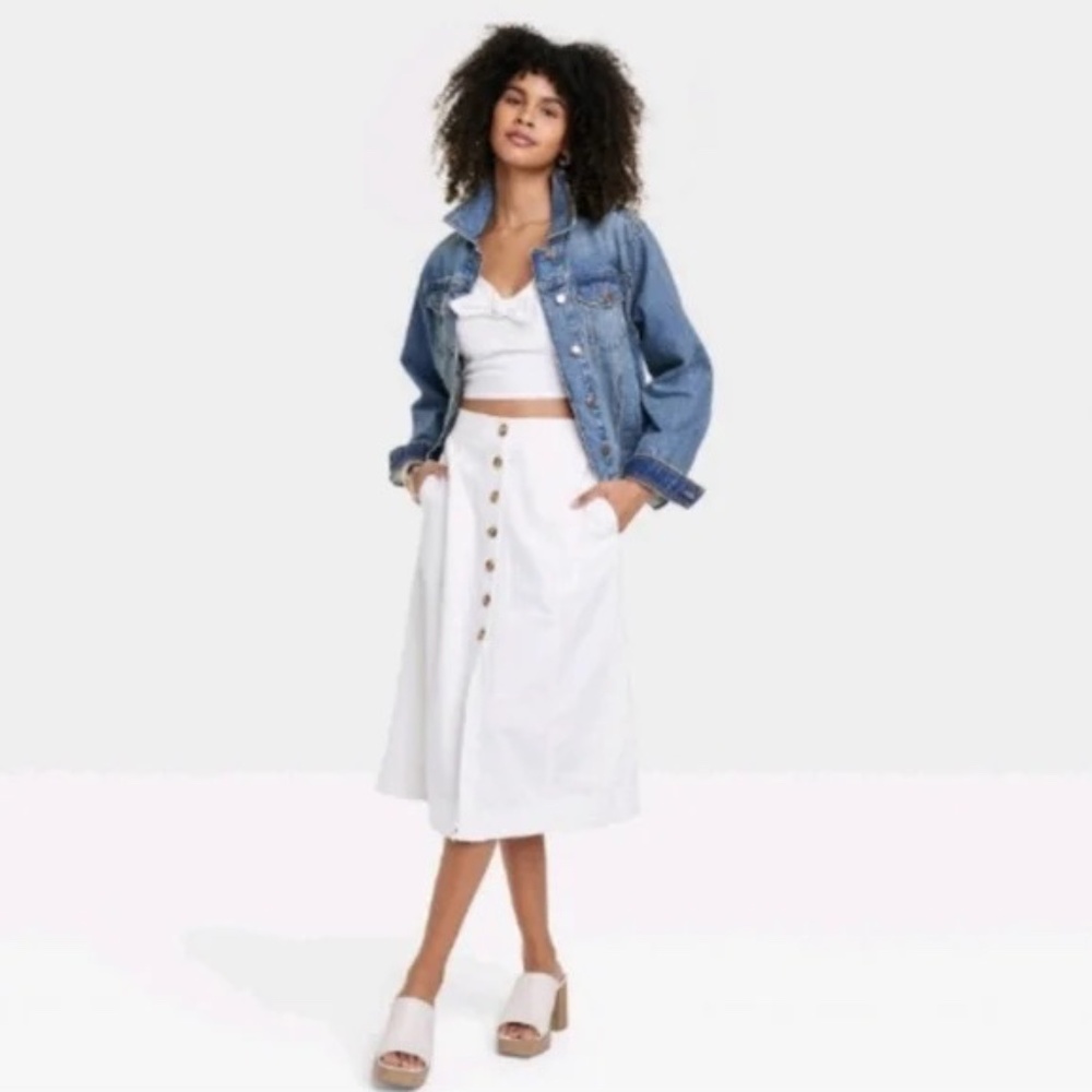 Universal Thread Button Front Skirt Womens Medium White Linen Midi - Picture 2 of 10